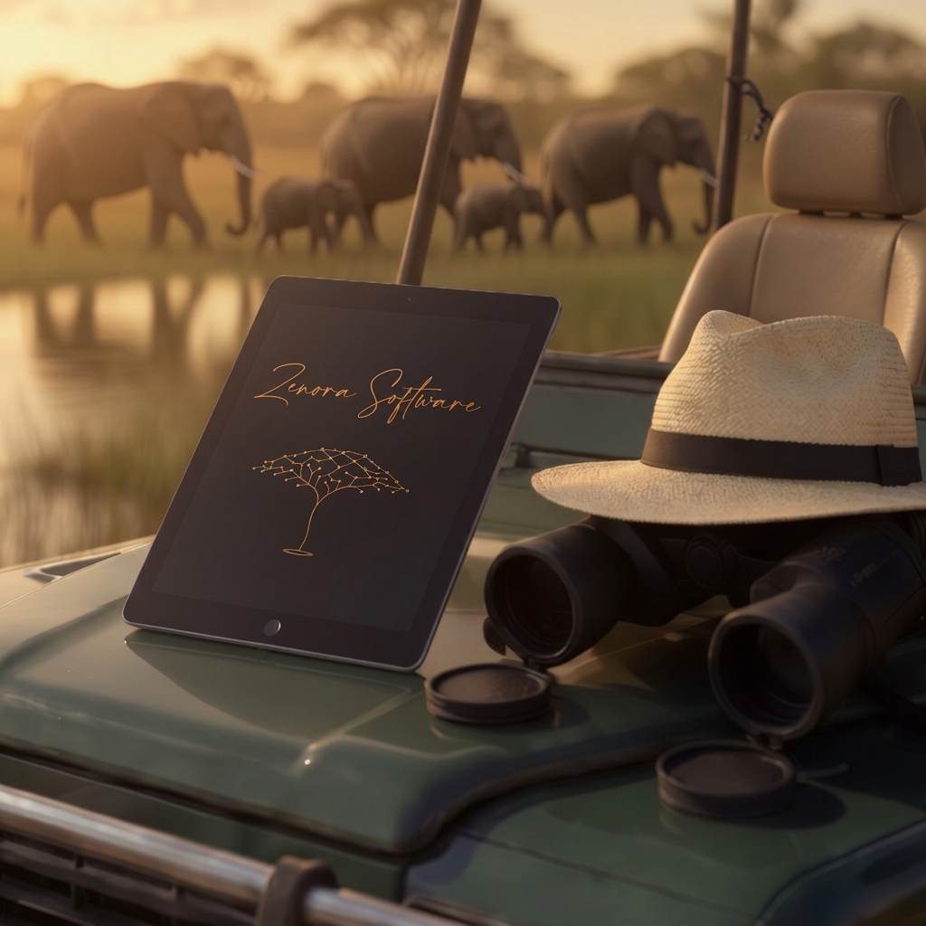 Tablet on a safari vehicle bonnet showing the Zenora Software wordmark and acacia tree